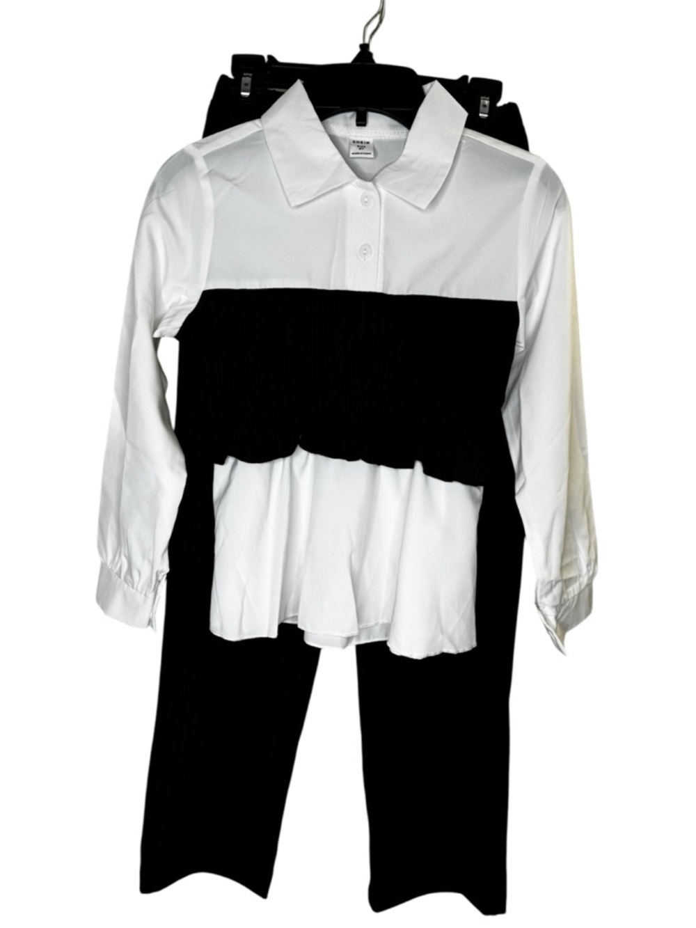 Two-Piece Black & White Layered Blouse and Pants Set